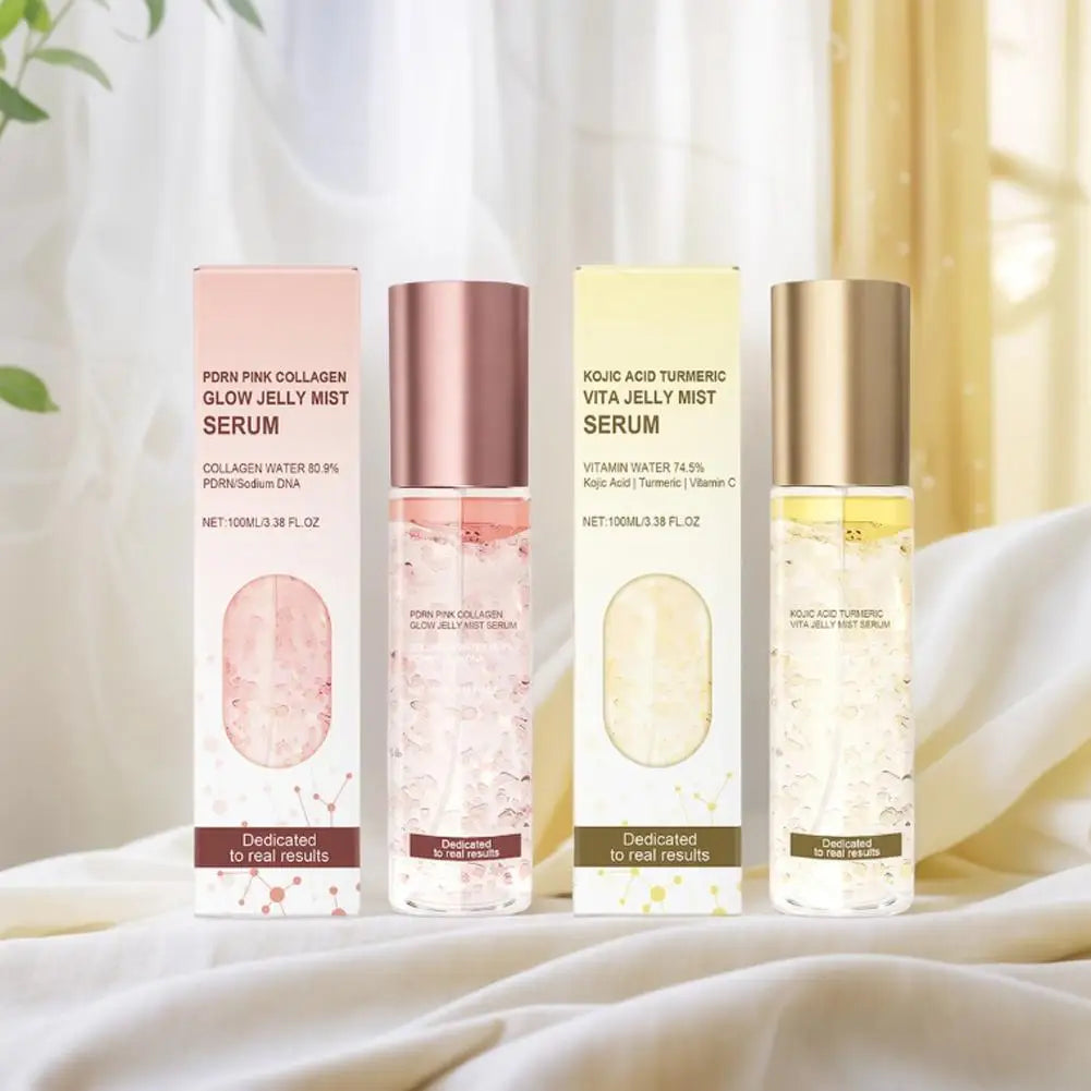 PRDN Pink Collagen Glow Jelly Mist, Kojic Acid Turmeric Vita Facial Serum, Hydrating, Brightening & Long-Lasting Glow, Makeup