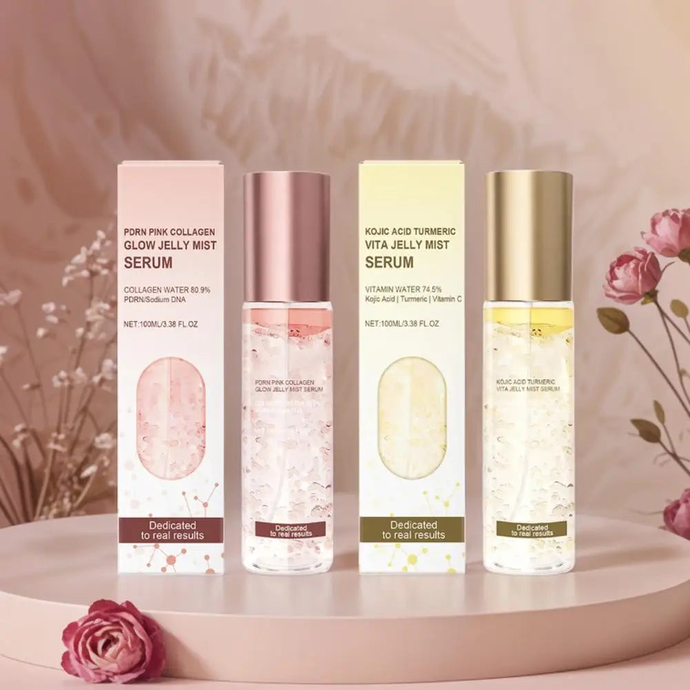 PRDN Pink Collagen Glow Jelly Mist, Kojic Acid Turmeric Vita Facial Serum, Hydrating, Brightening & Long-Lasting Glow, Makeup